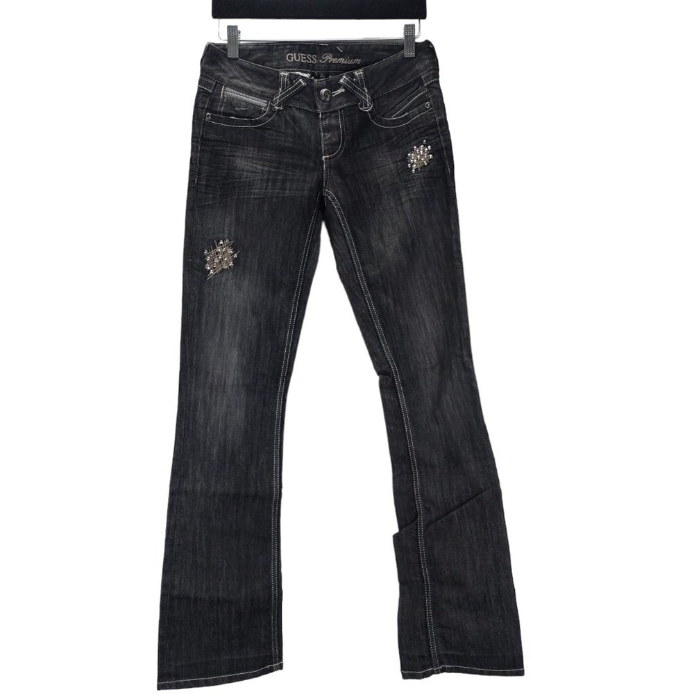 Guess Black Jeans Size 27 Embellished Low Rise Boot Cut Premium Cross Pocket